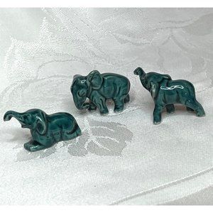 Vintage Set of 3 Green Tiny Ceramic Elephant Figurines Germany